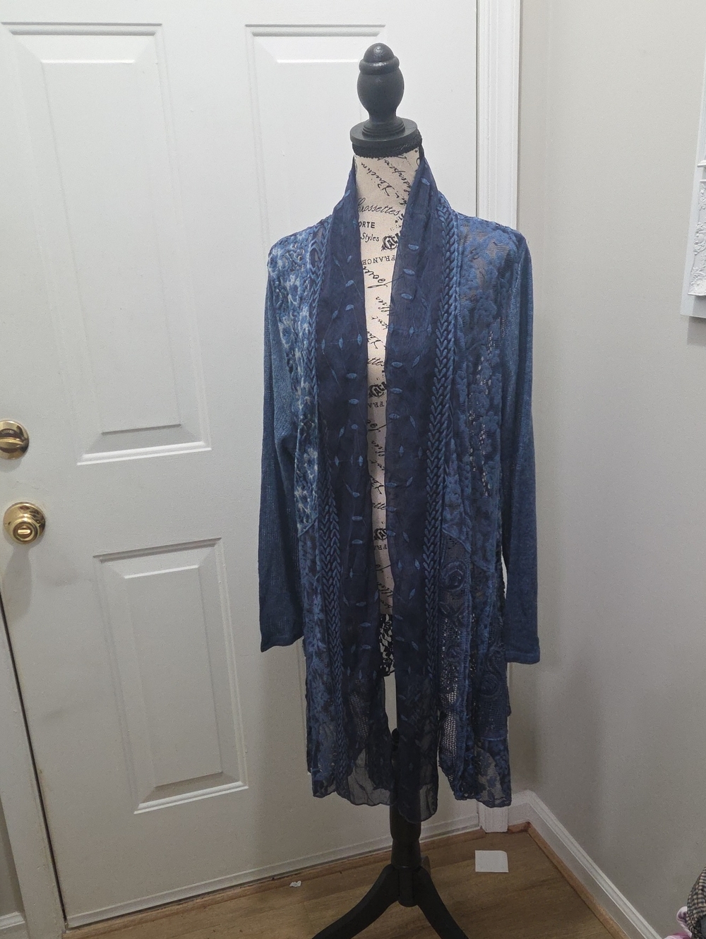 The Pyramid Collection Navy Blue Lace and Knit Open-Front Cardigan/Duster